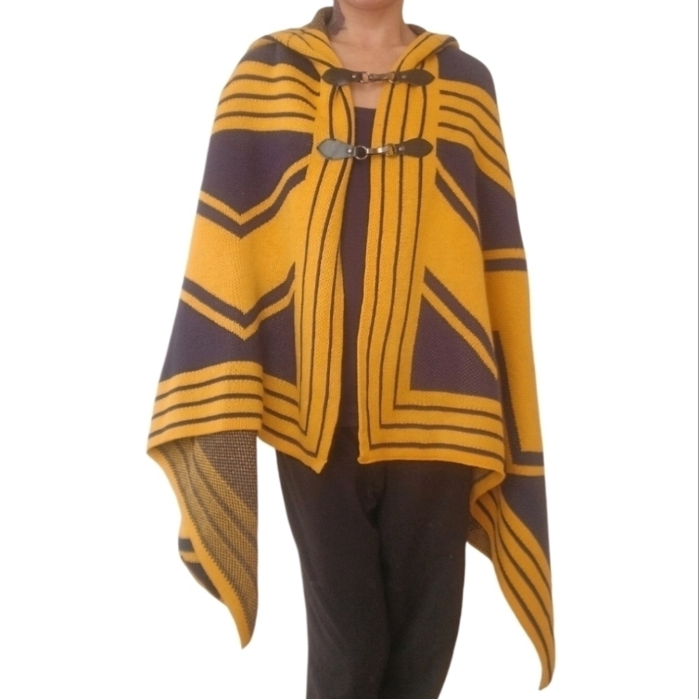 Mouvance Paris Nuuk Hooded Cape Yellow Purple Geometric Graphic Poncho One Size - Picture 2 of 5